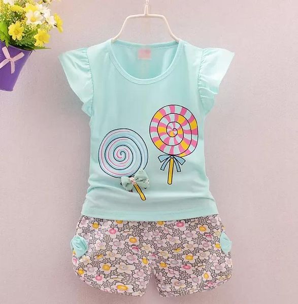 Crianças Roupas Lollipop Girls Topo + Calções Florais 2 Pçs / Set 2018 Verão Terno Bebê Boutique Crianças Conjuntos de Roupas 4 Cores