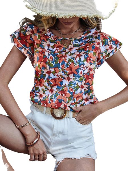 

floral print butterfly sleeve keyhole neck blouse j94v#, White