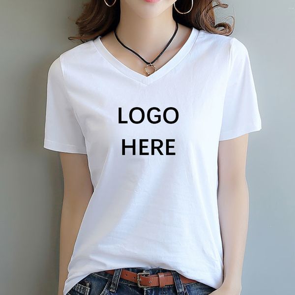 T-shirt con scollo a V da donna fai-da-te all'ingrosso nero bianco da donna tinta unita t-shirt in bianco OEM con design grafico del proprio logo personalizzato HFCMT073