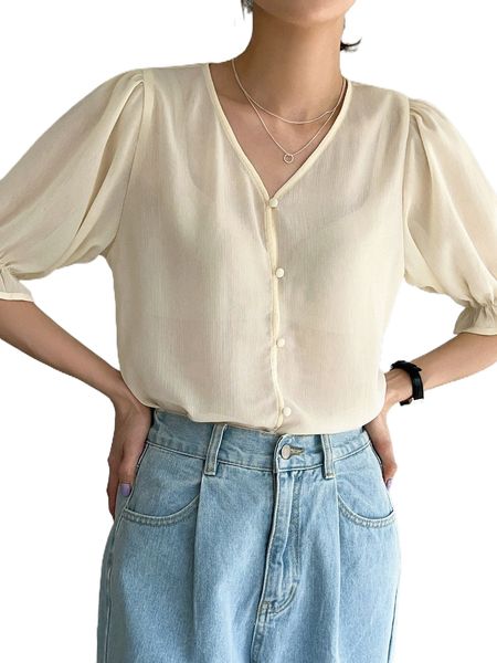 

dazy button front flounce sleeve blouse v31d#, White