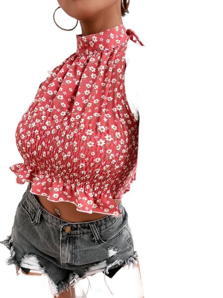 

floral print ruffle hem shirred tie back halter 48xy#, White