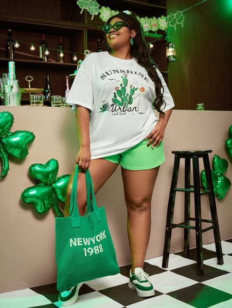 

plus cactus & letter graphic drop shoulder tee l1cu#, Black