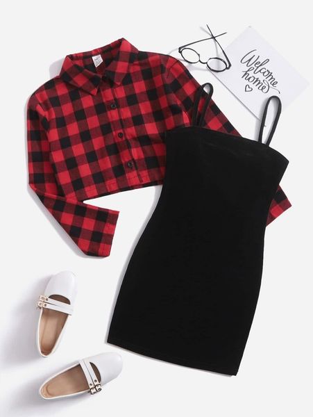 

girls gingham blouse & cami dress she, White