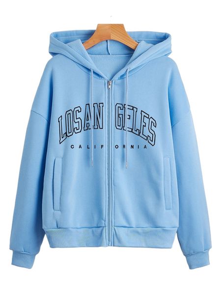 

letter graphic drop shoulder zipper drawstring thermal hoodie z7x3#, Black