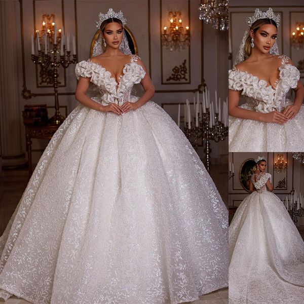 Arabia Princess Puffy Ball Gown Abito da sposa Fiori 3D con spalle scoperte Abiti da sposa a maniche corte Abiti da sposa in cristallo Realizzati su misura