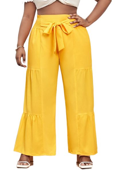 

plus ruffle hem shirred waist knot front wide leg pants m3ta#, Black