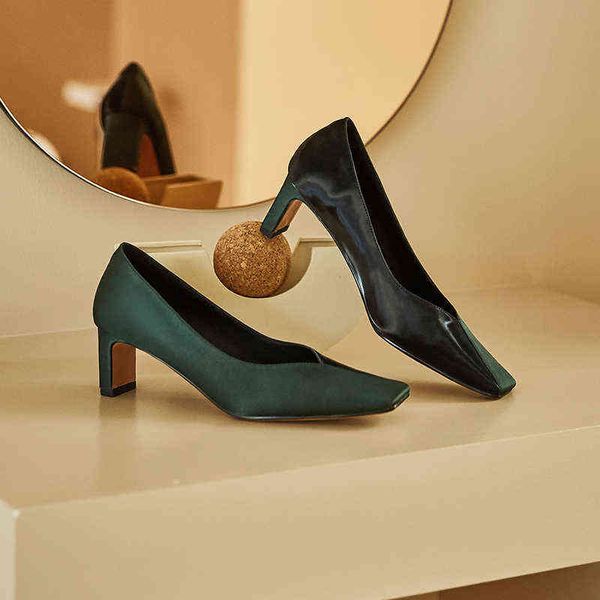 

dress shoes stylish genuine leather square heel ladies pumps square toe high basic slip-on women 220318, Black