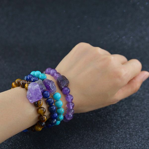 Pulsera de cuentas de amatista de hilo de piedra Natural rugosa irregular de 8mm, pulseras de cristal, pulseras de yoga budista para mujeres y hombres