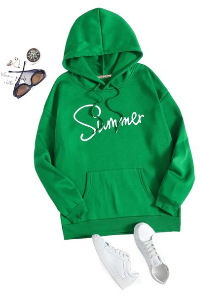 

letter graphic kangaroo pocket drop shoulder drawstring hoodie q255#, Black