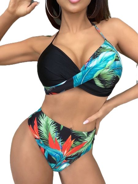 

tropical print twist push up high waisted bikini swimsuit 67ge#, White;black