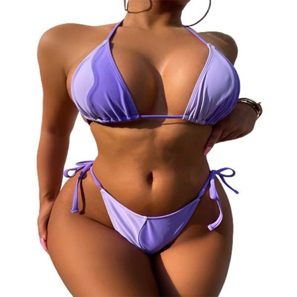 Damenbadebekleidung Sexy Frauen Lila Micro Tanga Neckholder Schnür-Bikini-Set Side String Tie Badeanzug Nähte Farbe Zwei Stücke