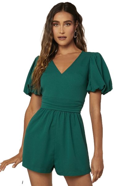 

puff sleeve zip back ruched side romper 84rn#, Black;white