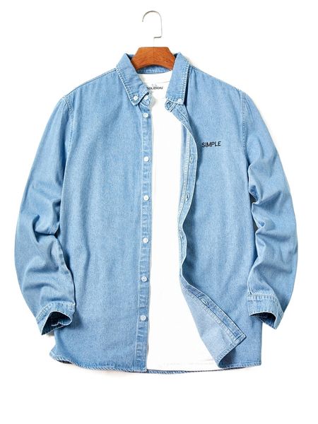 

men letter embroidery denim shirt without tee o3be#, White;black