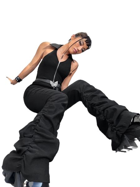 

halter neck backless ruched flare leg jumpsuit without belt 26lt#, Black;white