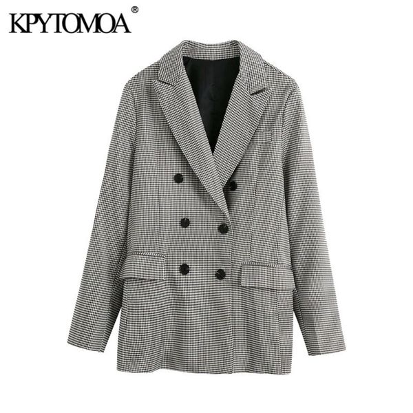 

kpytomoa women fashion office wear double breasted check blazer coat vintage long sleeve pockets female outerwear chic y201026, White;black
