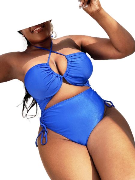 

plus drawstring side cut out crisscross halter one piece swimsuit p3au#, White;black