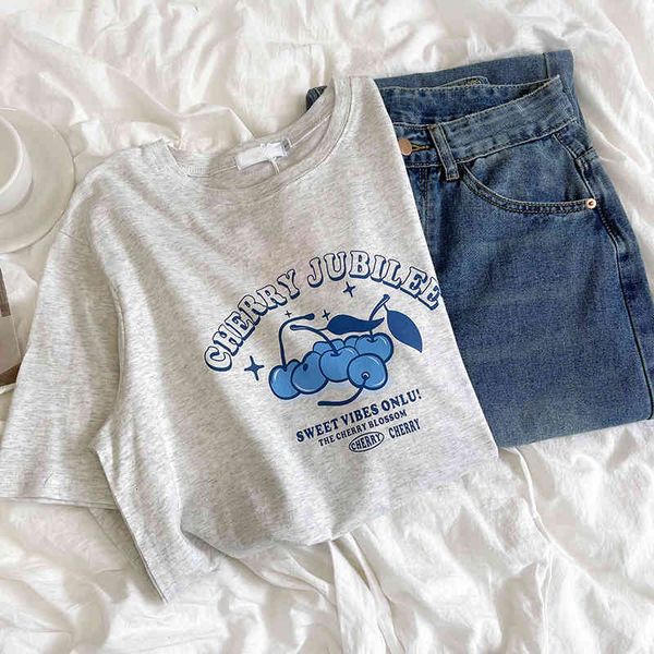 

women's t-shirt 2022 self made front shoulder comfortable fine cotton cute aging cherry print loose casual versatile short sleeve 7l5g, White