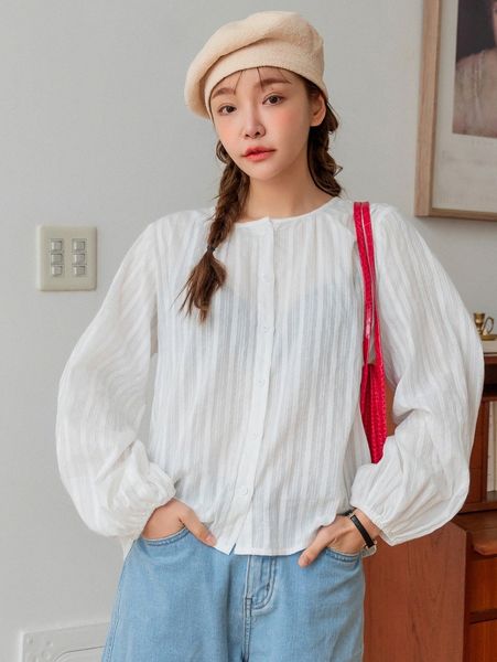 

dazy solid lantern sleeve button up blouse w9lm#, White