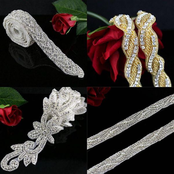 Cintos de 1 jardas de cristal de noiva Apliques de pérolas de pérolas de miçangas de miçangas de miçangas em fixação de cinto de casamento de casamento diy cintilão de apliques de apliques