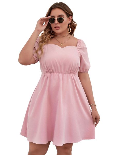 

plus sweetheart neck puff sleeve dress p3q1#, Black