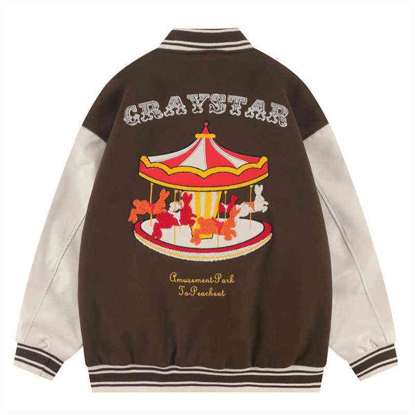 

hip hop 2022 oversized jacket streetwear letter clown carousel embroidery patchwork harajuku varsity jackets vintage men coat t220728, Black;brown