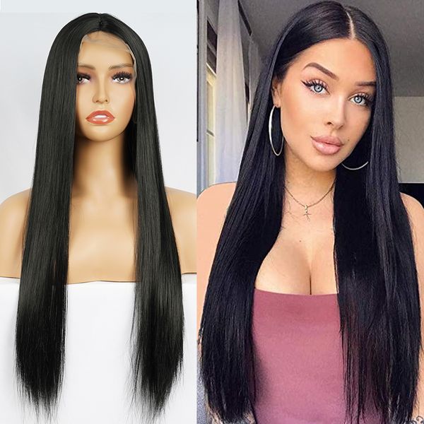 

ombre black long straight wig for women 28 inch natural middle part synthetic wigs heat ristant fiber brown 613 cosplay wigs, Golden;white