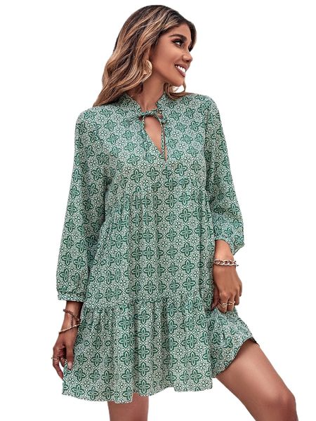

allover print knot front ruffle hem smock dress k29n#, Black;gray