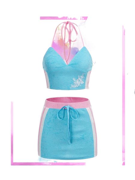 

floral embroidery tie back halter & tie waist shorts z4lk#, White