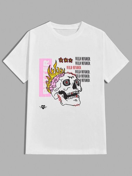 

romwe x pomoi guys letter skull & floral graphic tee 99ie#, White;black