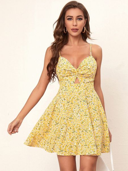 

twist peekaboo front tie back daisy floral print sundress m5dz#, Black;gray