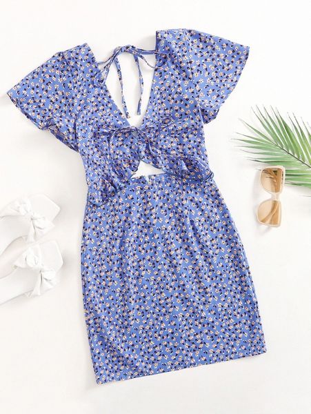 

ditsy floral ruffle trim cut out tied backless dress 306m#, Black;gray