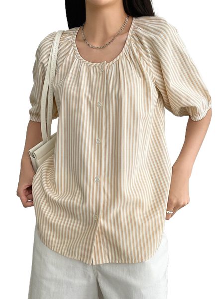 

dazy-less striped print puff sleeve blouse j71x#, White