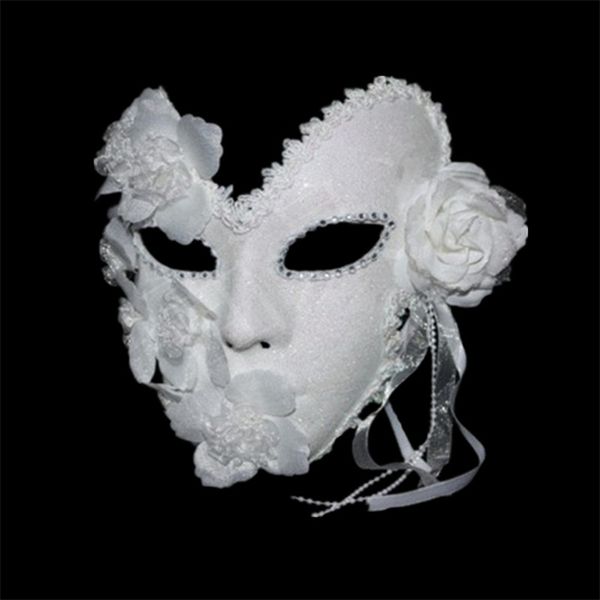Maschera veneziana Masquerade Donna Principessa Elegante Pizzo Plus Festa di Carnevale Full Face Piuma Bianca Halloween Mardi 220812