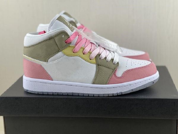 

limited edition 1 mid pastel grind gs basketball designer shoes white pink tan fashion sport zapatos sneakers good quality come with box siz, White;red