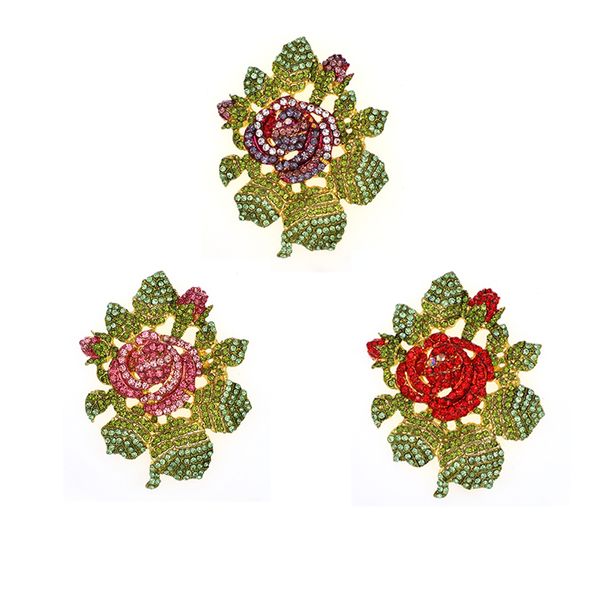 

50pcs/lot gold-tone valentines' gifts austrian flower brooches romantic crystal rhinestone rose flower leaf brooch for women, Gray