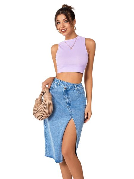 

asymmetrical waist frayed hem split thigh denim skirt j6td#, Black