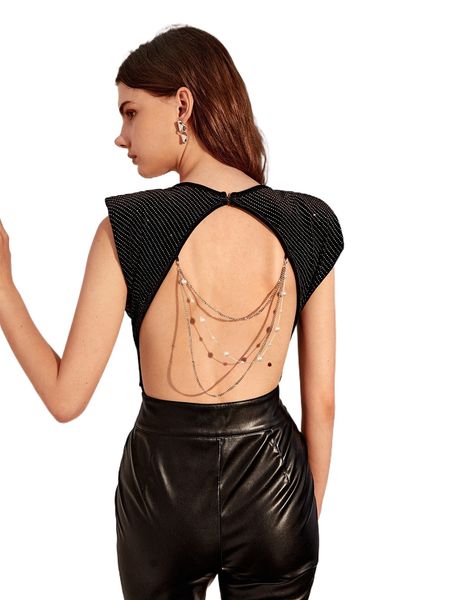 

pearl chain detail backless shoulder pads velvet bodysuit u9lc#, White