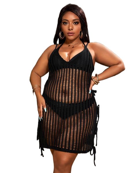 

plus hollow out tie backless cover up dress without bikini c2oe#, Black