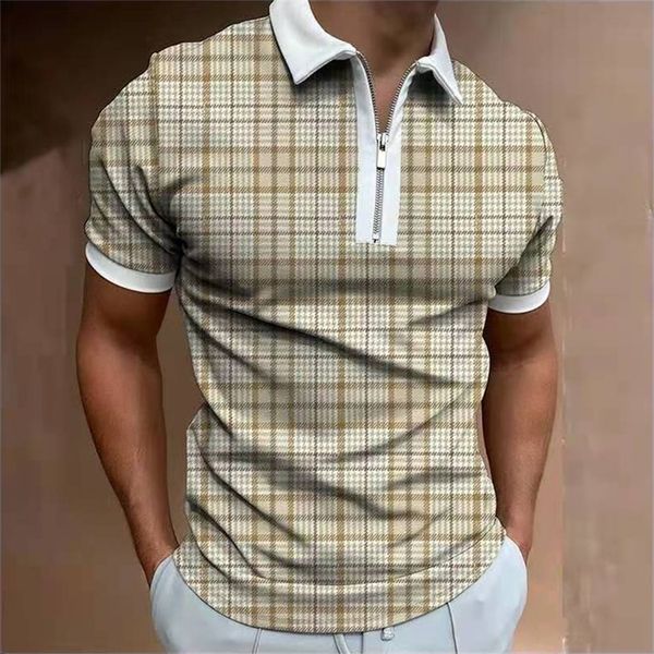 Verão Streetwear Roupa Homens Moda Manta Manga Curta Polo Camisetas Casuais Collar Colarinho Zíper Design Patchwork Tops 220402