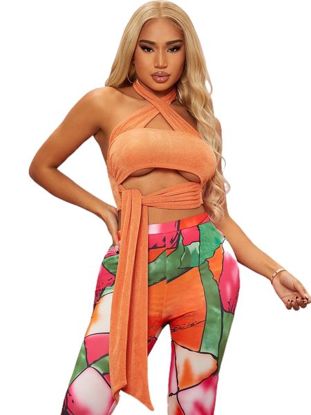 

sxy cut out tie front crisscross open back halter h12l#, White