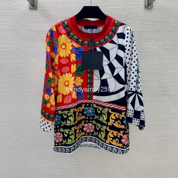 

women's polos pattern sunflower dot print round neck pullover silk shirt top, White