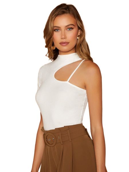 

mock neck asymmetrical shoulder tee b8sb#, White