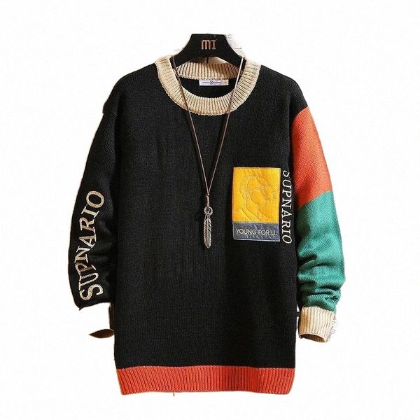 

men's sweaters 2022 black patchwork long sleeves autumn winter pullover knitted o-neck plus oversize 5xl p6pq#, White;black