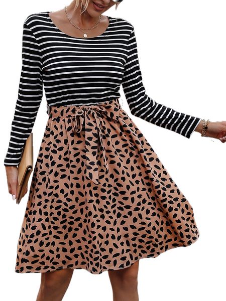 

striped print belted combo dress s0ya#, Black;gray