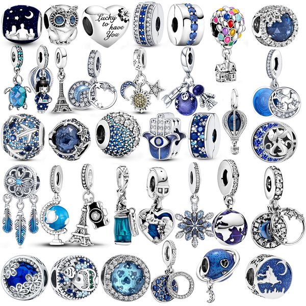 925 Sterling Silber Charms Blaue Serie Mond Flugzeug Weltraum Serie Glasperlen Clip Perlen Anhänger Original Perlen für Pandora Armband Schmuckherstellung DIY Geschenk