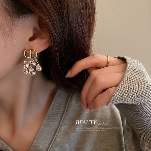 

925 silver needle letter d water drop diamond earrings korean fashion zircon tassel earrings graceful personality online influencer eardrop, Golden