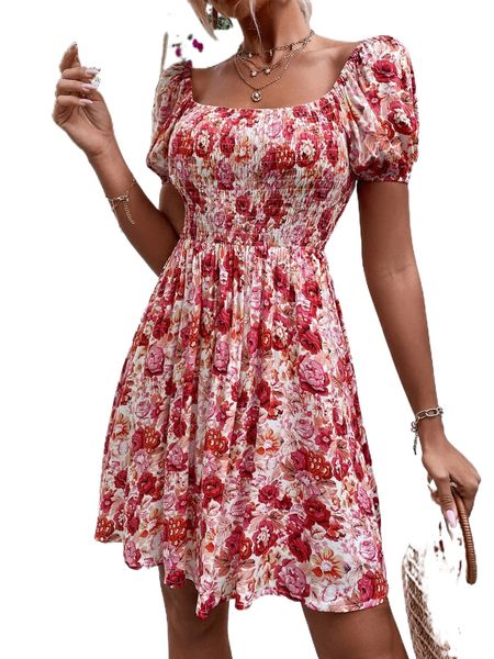 

allover floral print puff sleeve shirred dress j2kq#, Black;gray