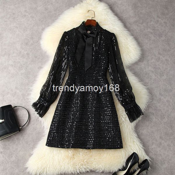 

casual dresses autumn and winter women's heavy industry sequin bow mesh splicing tweed thin french dress t12704, Black;gray