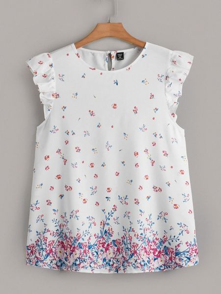 

plus floral print ruffle sleeve blouse v5jb#, Black