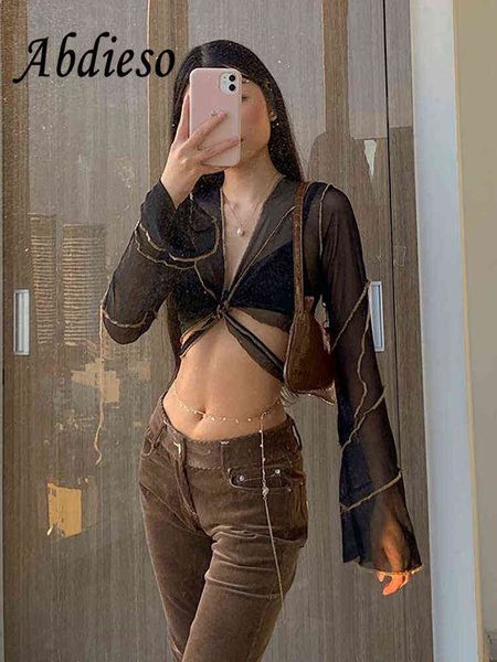 

women's abdieso 2022 mesh vintage summer long sleeve t shirt women t220823, White